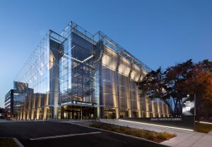 Grand Théâtre de Québec's main entry from outside with glass casing at night