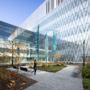 Inside Courtyard, CHUQ, Healthcare, Hospital, Trees, Glass Fenestration, Quebec, Architecture, Design