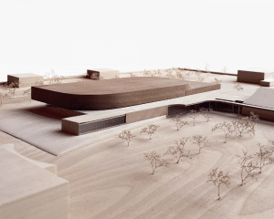 Wood model of the new architectural concept of the future Sept-Iles Arena, from Lemay (Architecture & Design). 