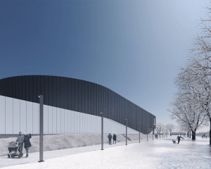 Rendering of the new Sept-Îles arena, Sports facility, architecture, design, Lemay